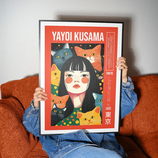 Quirky wall art inspired by pop art and Japanese aesthetics with feline companions.