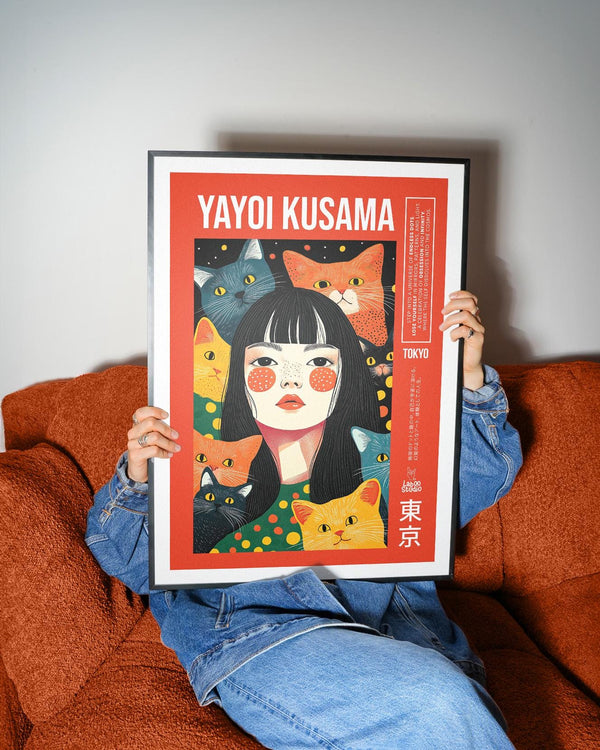 Quirky wall art inspired by pop art and Japanese aesthetics with feline companions.