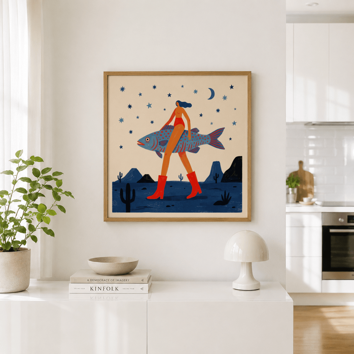 Surrealist Fish Art Print featuring a giant fish and figure against a horizon of rock shapes