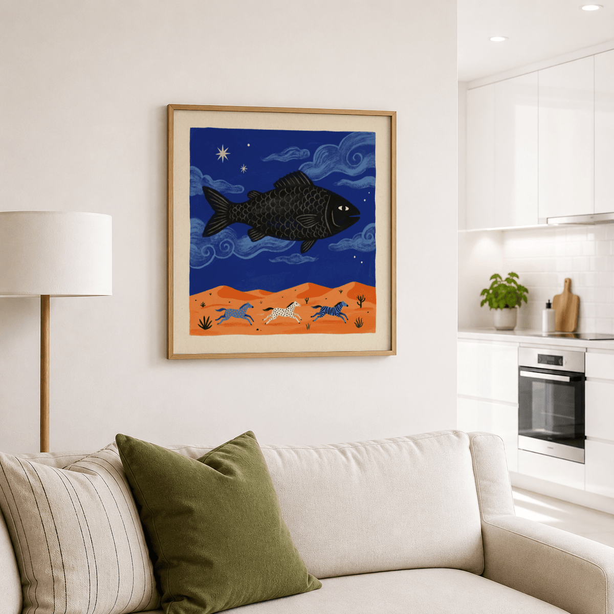 Night-sky fish wall art print with star icons and drifting cloud forms