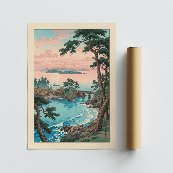 Hasui Kawase sea landscape print featuring a tranquil inlet, bridge crossing, and village by the sea