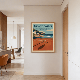 Coastal hillside buildings and ocean beside a tennis court wall art print