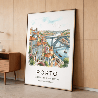 Detail view of Porto City Art Print showing tiled building facades, balconies, and rooftop lines