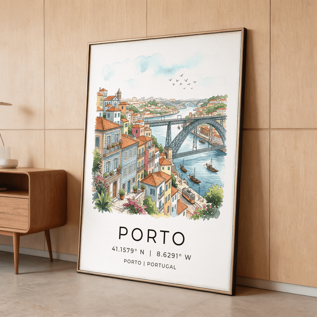 Detail view of Porto City Art Print showing tiled building facades, balconies, and rooftop lines