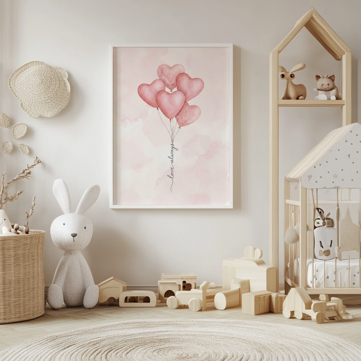 Love Heart Balloon Art Print with clustered heart balloons and trailing strings
