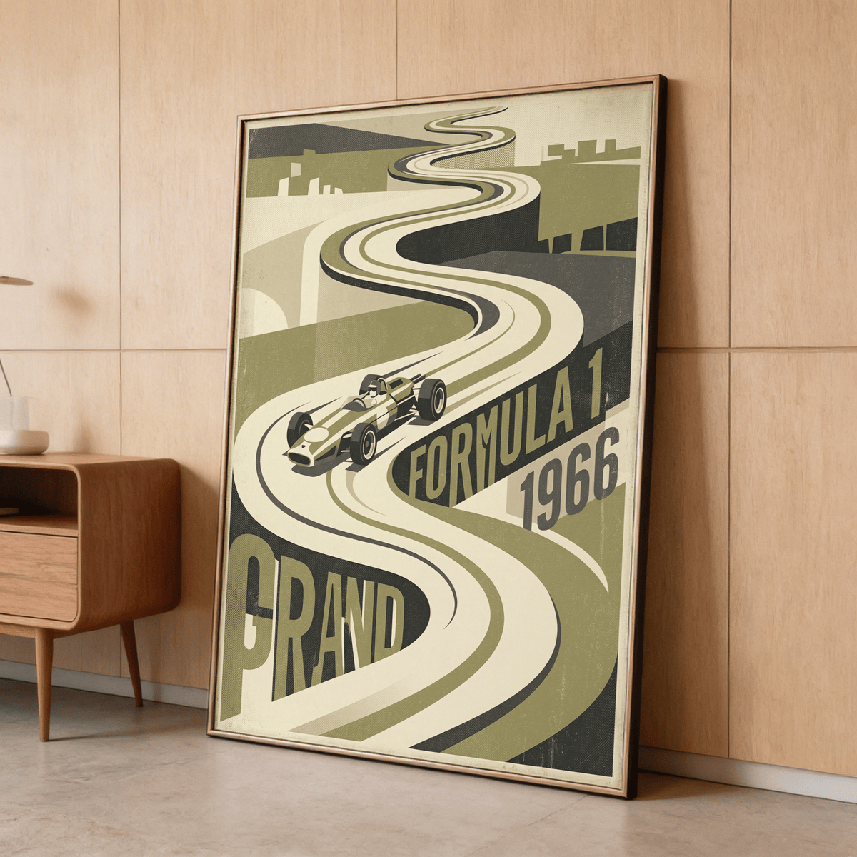 Retro racing wall art print with single-seater car on sweeping circuit and oversized GRAND lettering