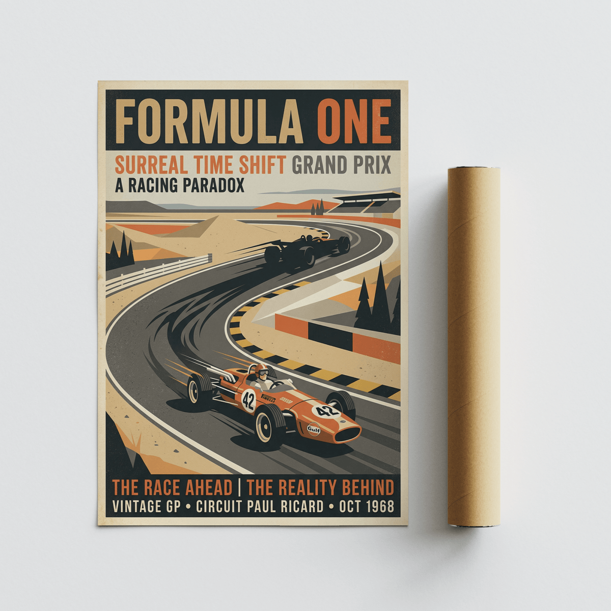 Wide view poster print showing distant open-wheel car, grandstand structure, and geometric landscape shapes