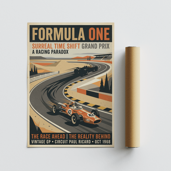Wide view poster print showing distant open-wheel car, grandstand structure, and geometric landscape shapes