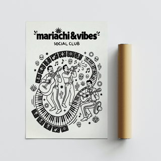 Minimalist mariachi trio artwork rendered in crisp black outlines