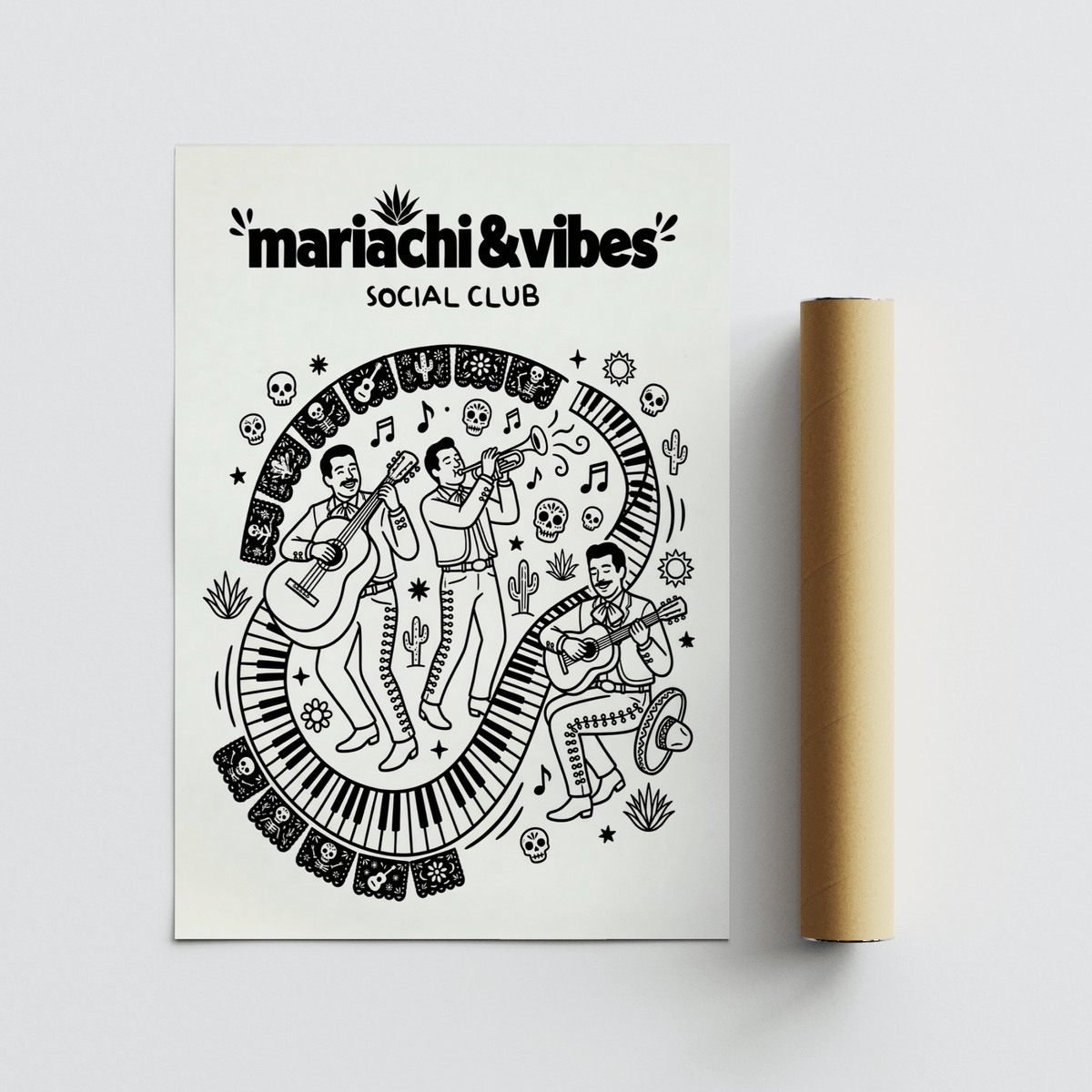 Minimalist mariachi trio artwork rendered in crisp black outlines