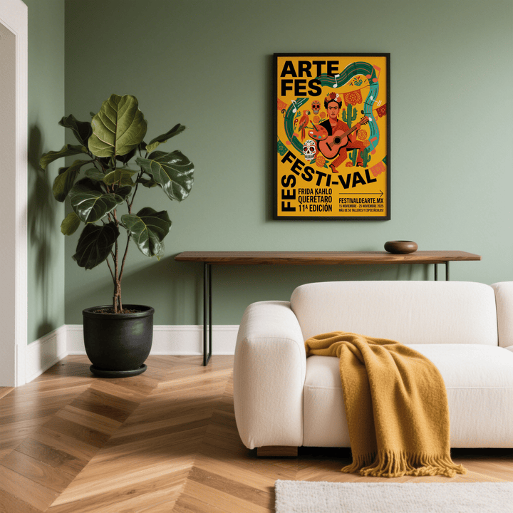 Frida Kahlo Art Print wall art of a woman playing guitar in warm tones in a living room with a large green plant
