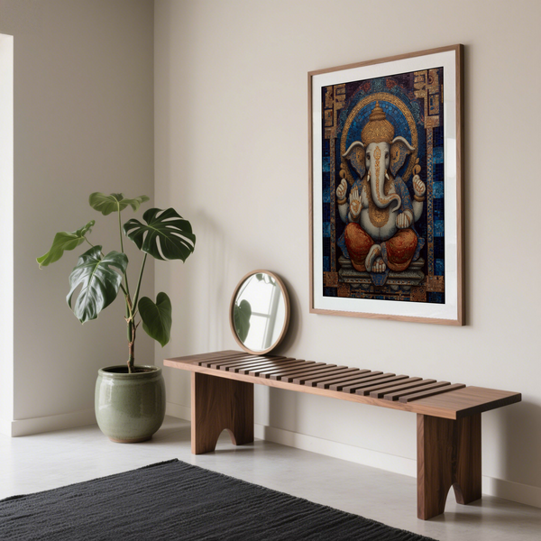 Ornamental Ganesha wall art print with tile texture and geometric frame