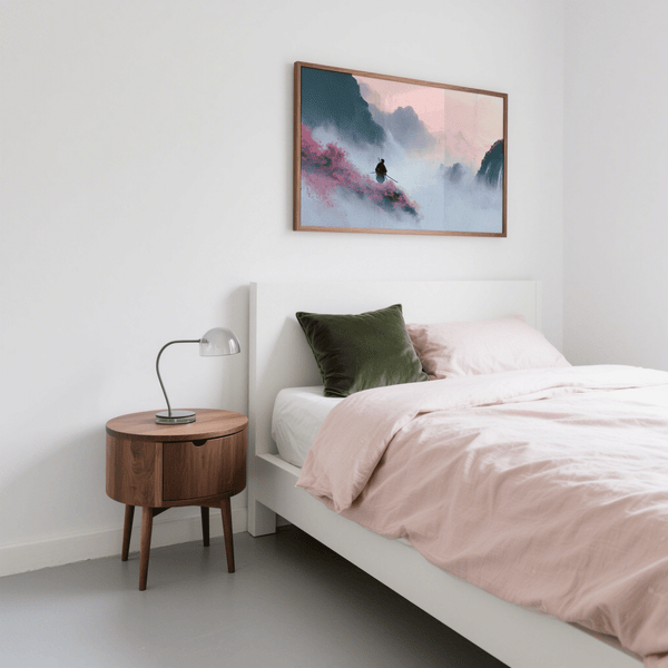 Elegant Samurai Mountain Wall Art print with black, white, and pink for bedroom decor