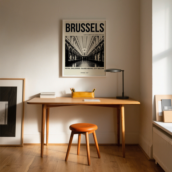 Black and white Brussels Gallery Print poster of symmetrical gallery hallway