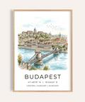 Budapest Cityscape Wall Art poster with river, bridge, and skyline illustration