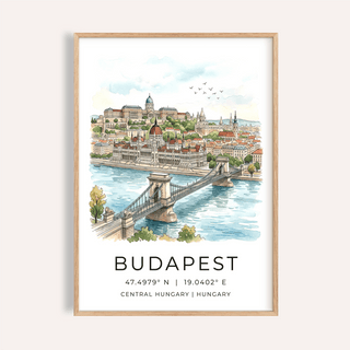 Budapest Cityscape Wall Art poster with river, bridge, and skyline illustration