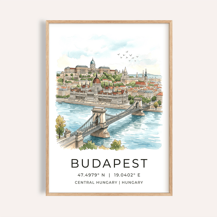 Budapest Cityscape Wall Art poster with river, bridge, and skyline illustration