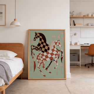 Wide composition wall art print with two patterned horses framed by botanical stems