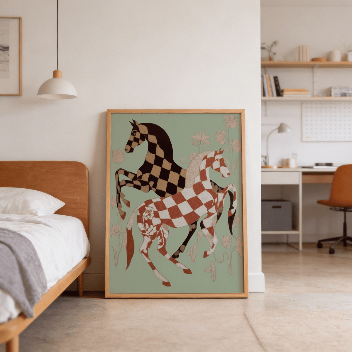 Wide composition wall art print with two patterned horses framed by botanical stems