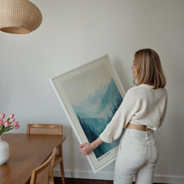 Nature prints with icy mountain slopes and serene forest brushwork.