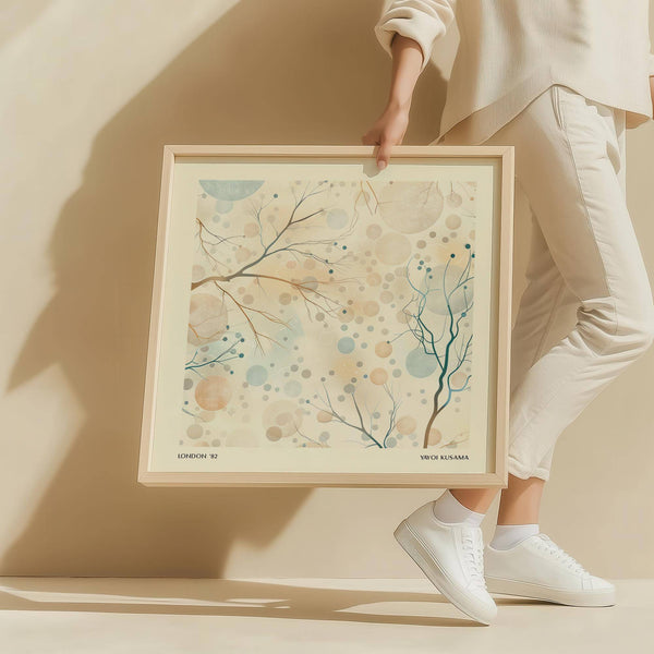 Elegant neutral artwork with delicate pastel dot details