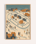 Winter Village Art Print with Blue, Orange, and Beige for living room wall art