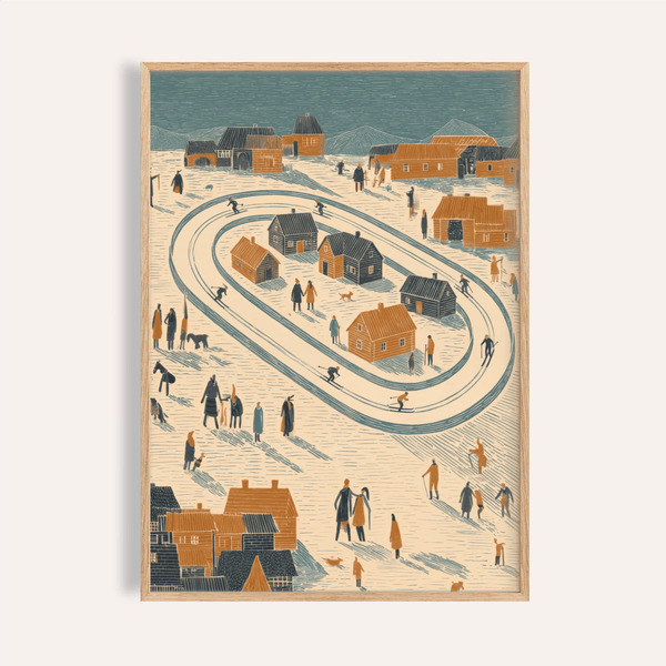 Winter Village Art Print with Blue, Orange, and Beige for living room wall art