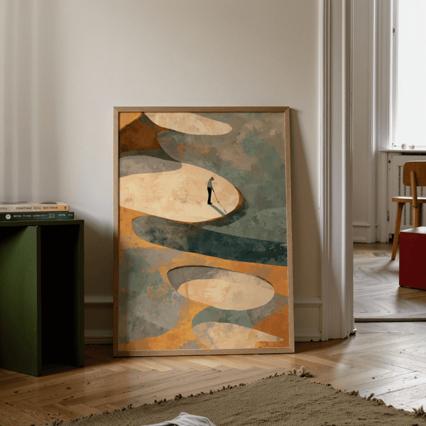 Abstract Golf Art Print with sweeping ribbon shapes in Blue and Orange