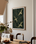 Graphic crane wall art print with three birds, long wing spans, and constellation-like dot scatter