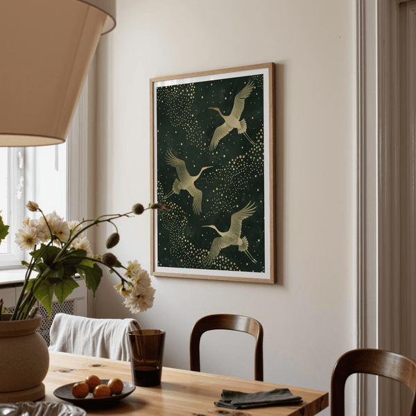 Graphic crane wall art print with three birds, long wing spans, and constellation-like dot scatter