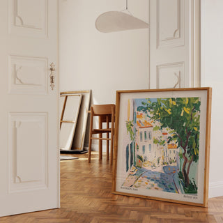 Colorful building facades and tree-lined path in Paris, shown in French Artwork Prints.