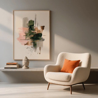 Contemporary Pink and Green Print for minimalist spaces, showing Green, Gold, Beige, Pink brushwork.