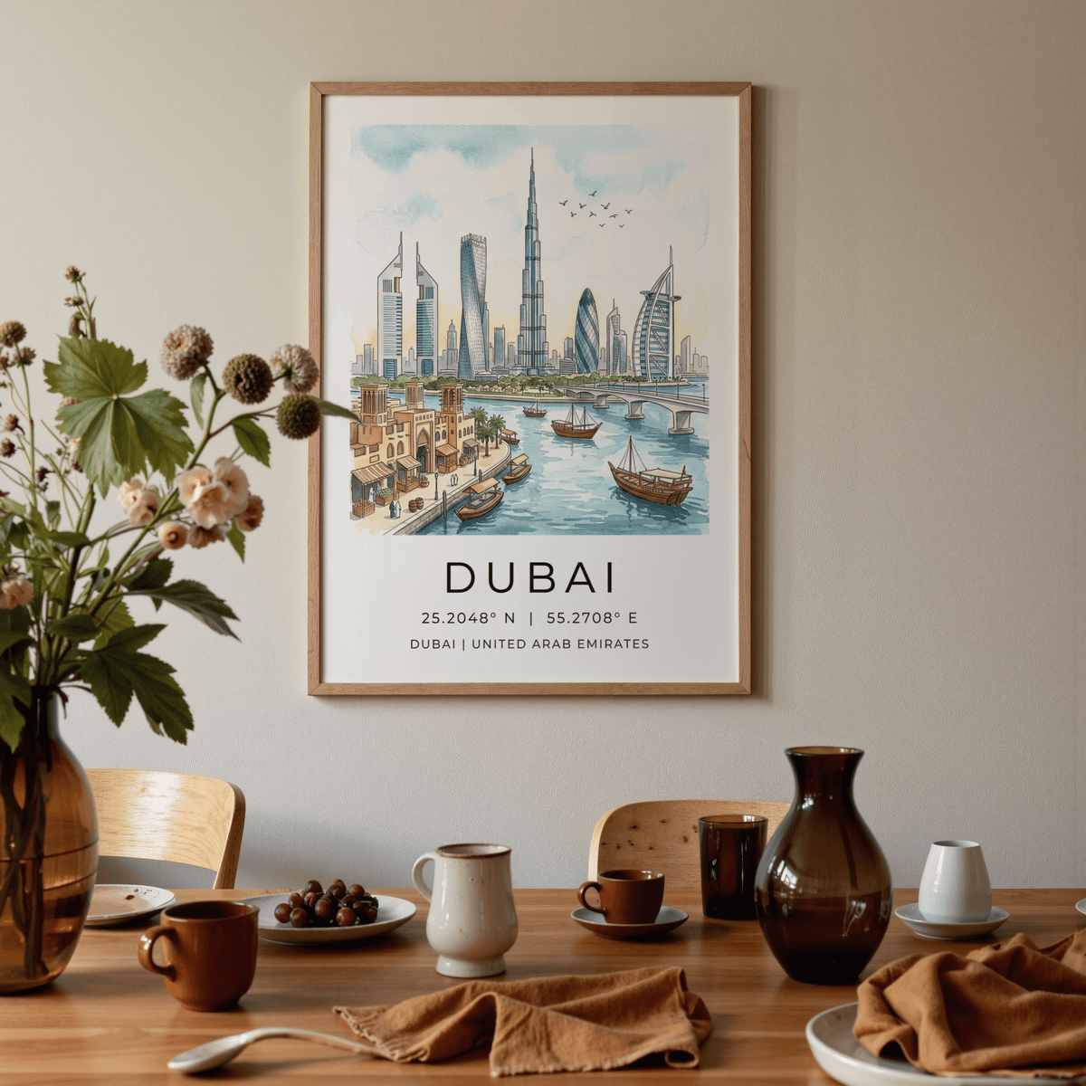 Landscape poster of Dubai skyline with boats in the water and birds overhead