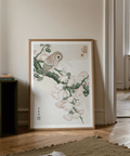 Soft-wash Owl Art Print showing owl perched among leaves and fruit