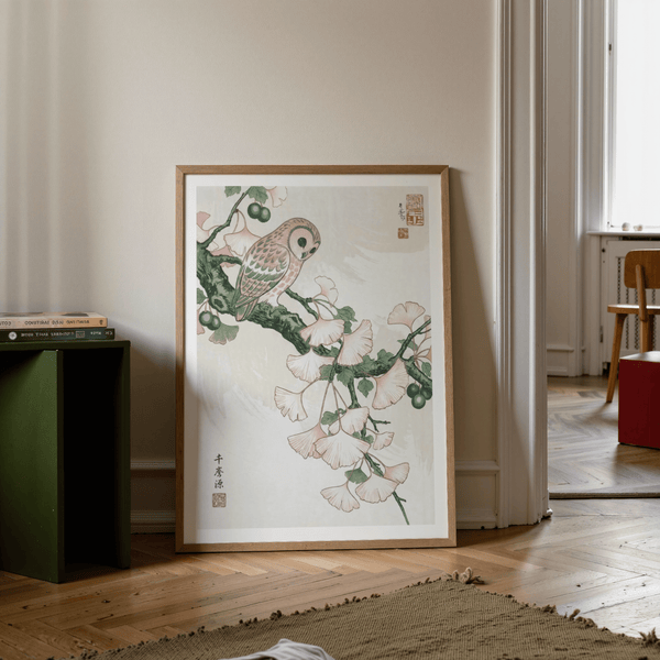 Soft-wash Owl Art Print showing owl perched among leaves and fruit