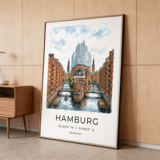 Illustrated Hamburg Speicherstadt wall art print with arched bridges over water