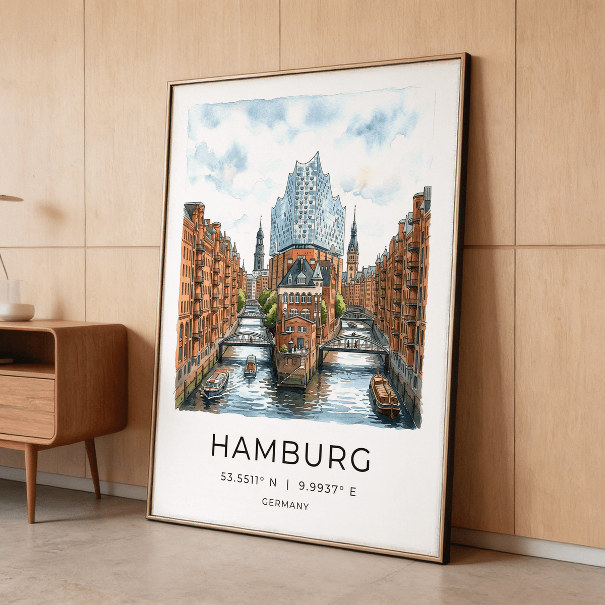 Illustrated Hamburg Speicherstadt wall art print with arched bridges over water