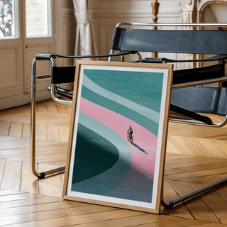 Curved track illustration with cyclist casting long shadow