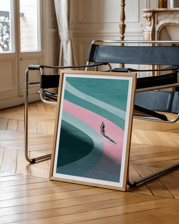 Curved track illustration with cyclist casting long shadow