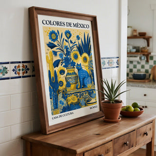 Blue cat design with Otomi-inspired floral motifs for wall decor.