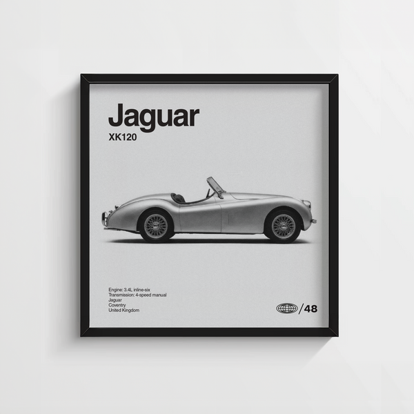 Jaguar XK120 Art Print as unique wall art in White and Black for hallway