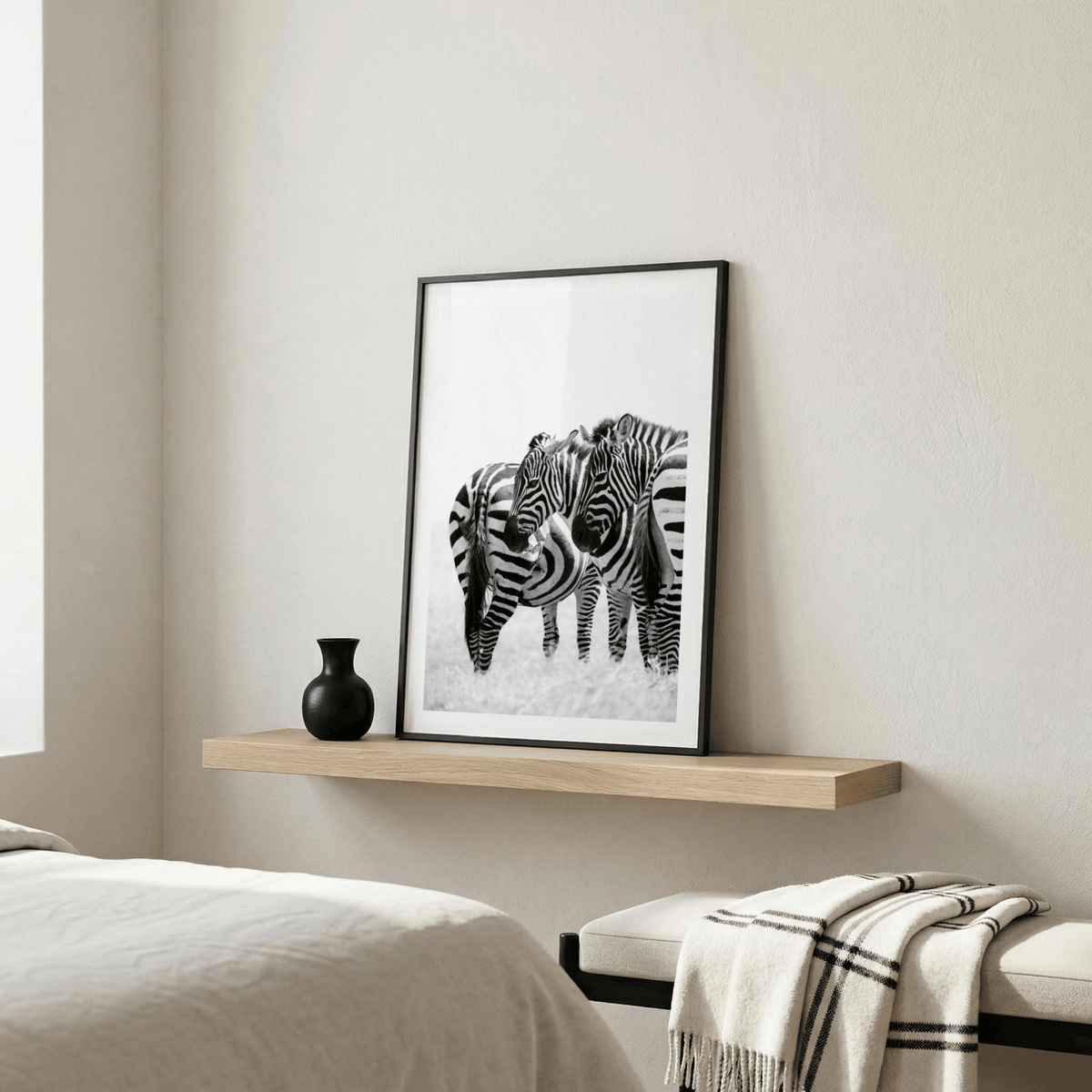 Zebra Wall Art photograph featuring black and white zebras in minimal setting