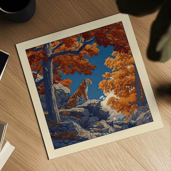 Square wall art print featuring tiger on mountain rocks with layered foliage and negative sky space