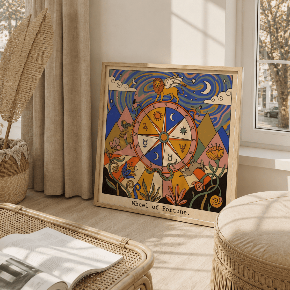 Wheel of Fortune Tarot Card Art wall art featuring central wheel with zodiac ring and radiating spokes