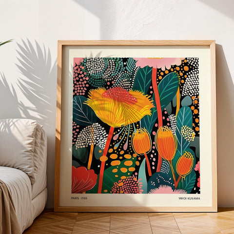 Colourful floral wall art with unique design elements.