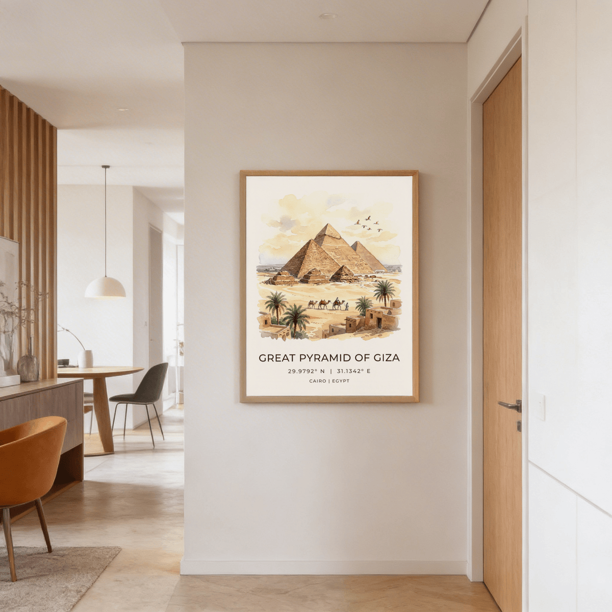 Palm trees and low village buildings at base of Egyptian pyramids print