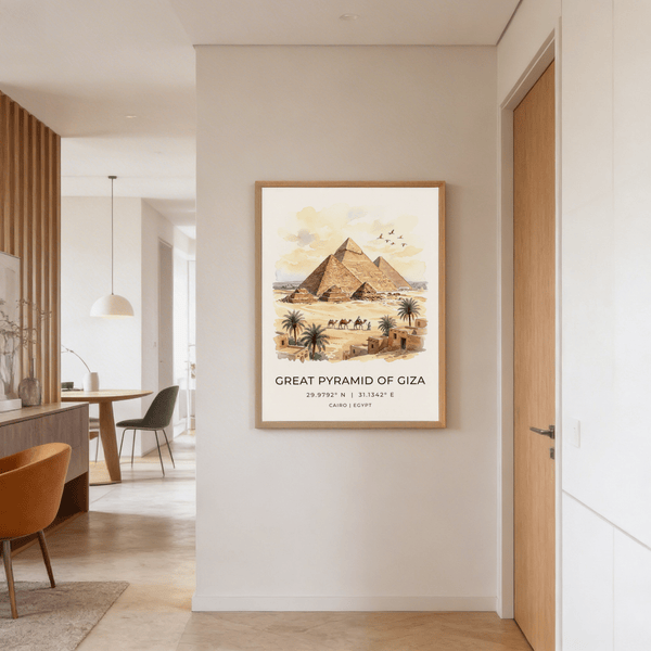 Palm trees and low village buildings at base of Egyptian pyramids print