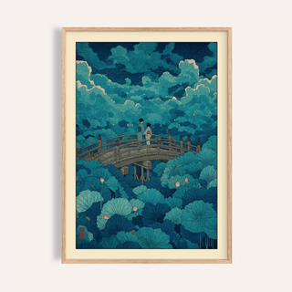 Arched bridge over lotus pond wall art poster with two figures centered