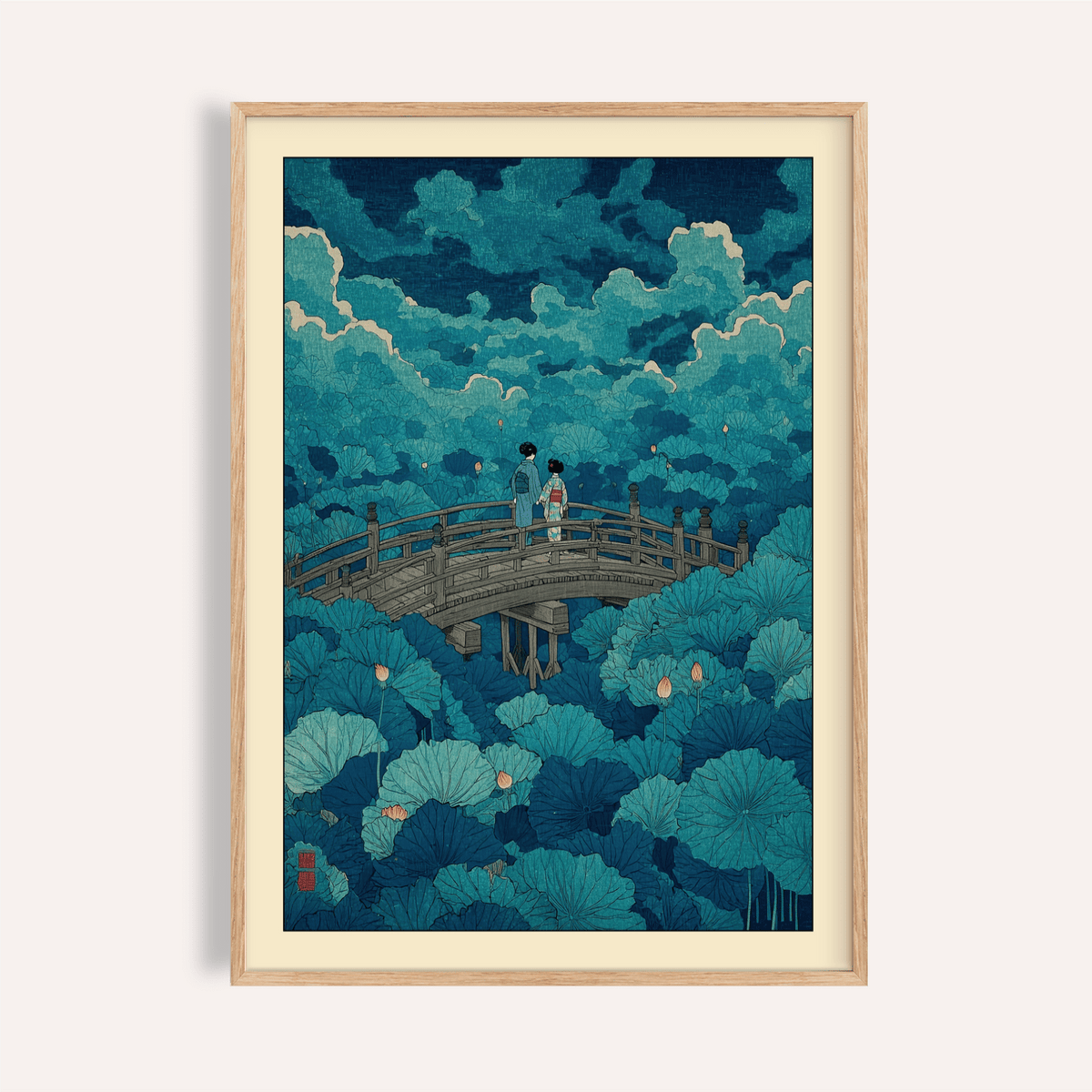 Arched bridge over lotus pond wall art poster with two figures centered