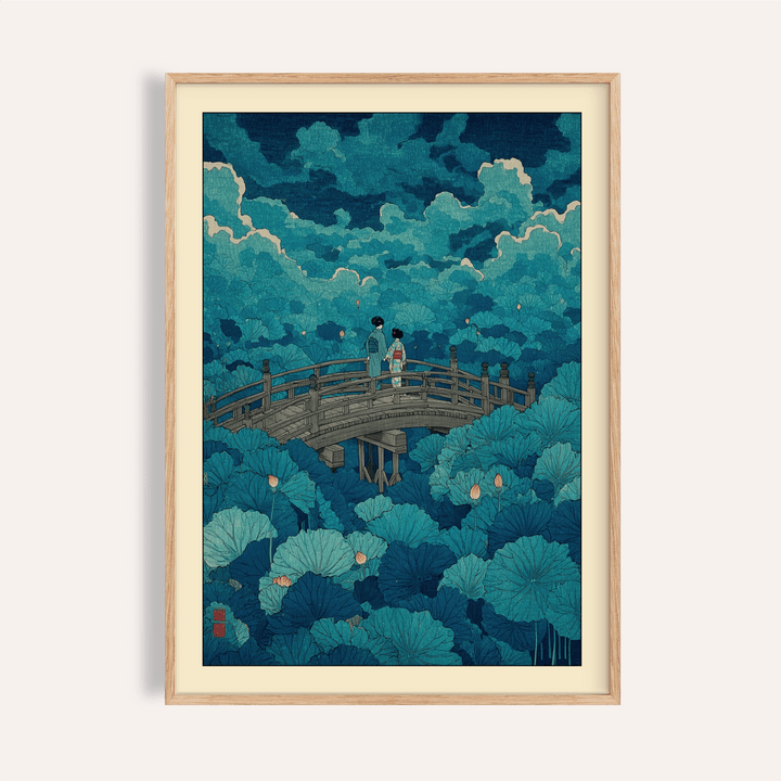 Arched bridge over lotus pond wall art poster with two figures centered